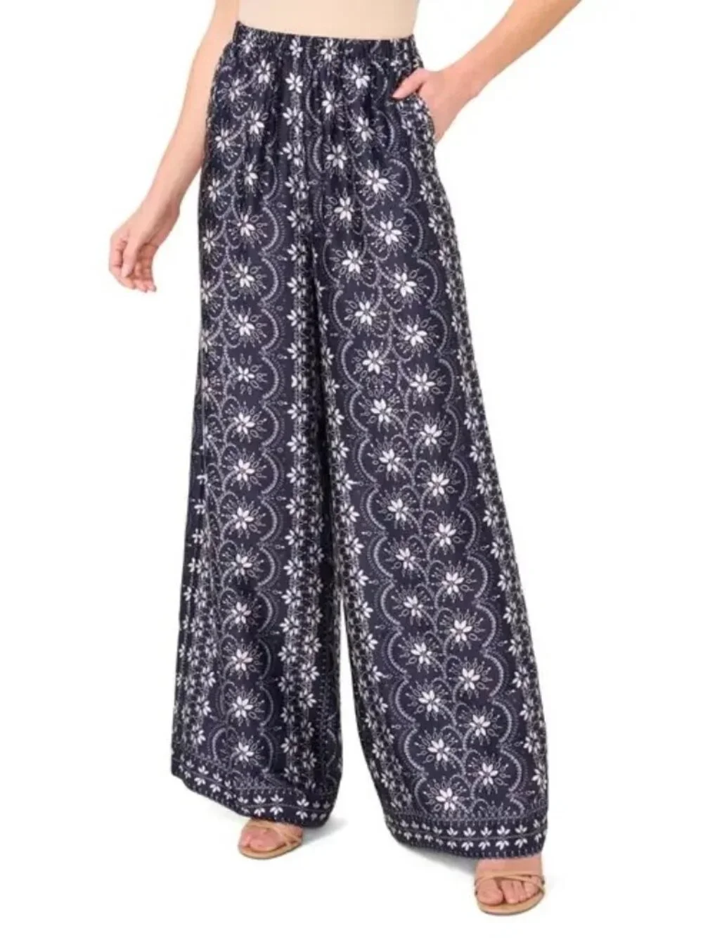 CeCe Mixed Print Wide Leg Pants XL Nordstroms Navy Blue White NWOT